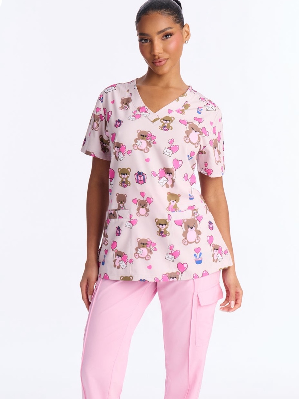 New Fashion Nova Pink V Neck Bearly Crush in Scrub Top Size Medium